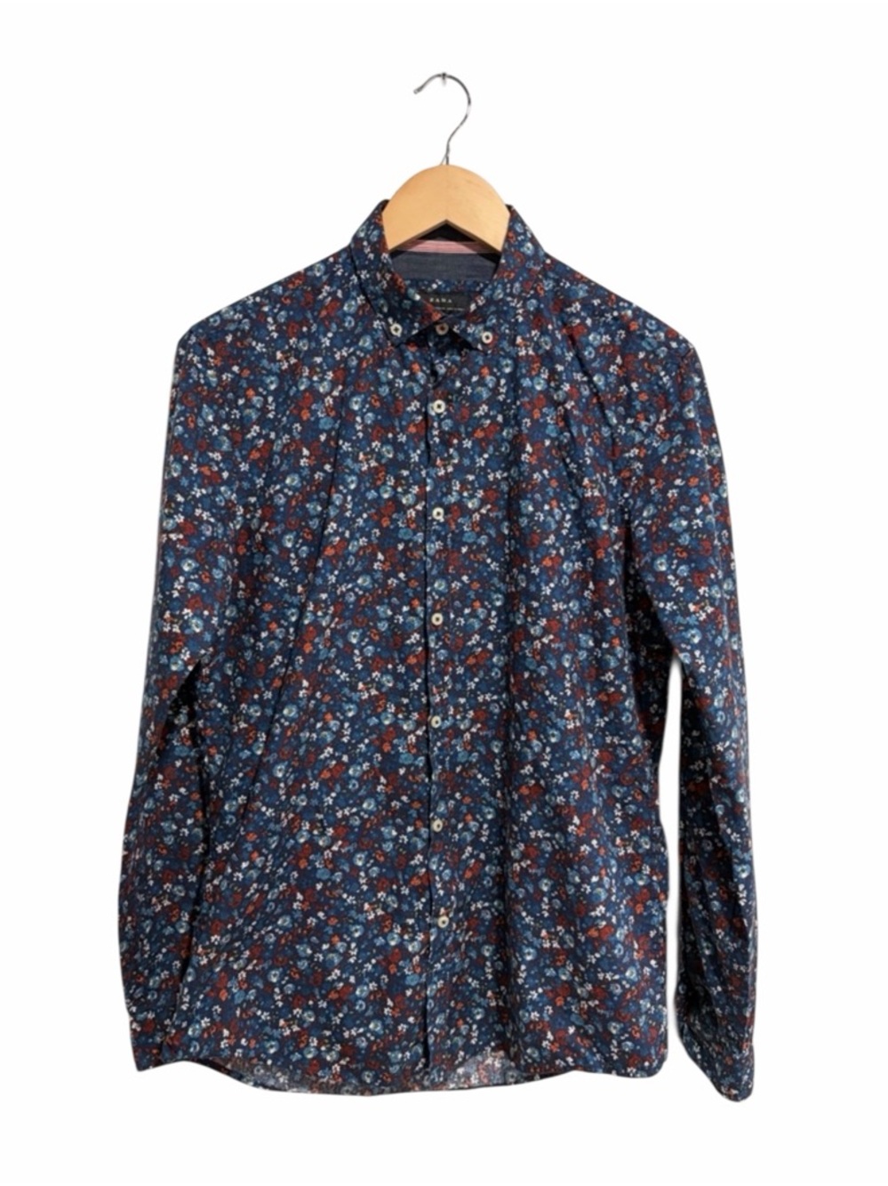 Zara Men's Navy Blue Floral Button-Down Shirt 100% Cotton